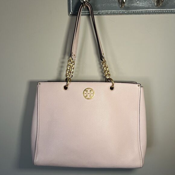 Tory Burch Everly  Shell Pink Pebble Leather Tote Handbag Gold Hardware Designer - Picture 2 of 16